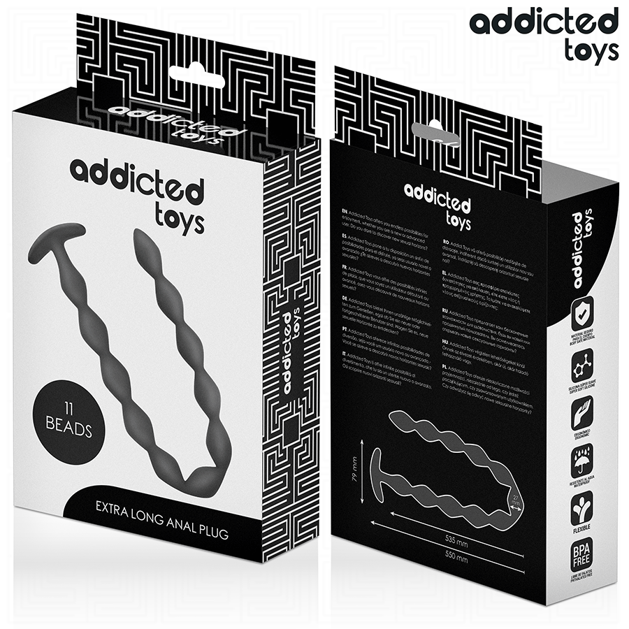 Boite Addicted du plug anal extra long 11 billes, packaging extra long anal plug noir et blanc face et dos, visuel du plug torsade et pictogrammes.