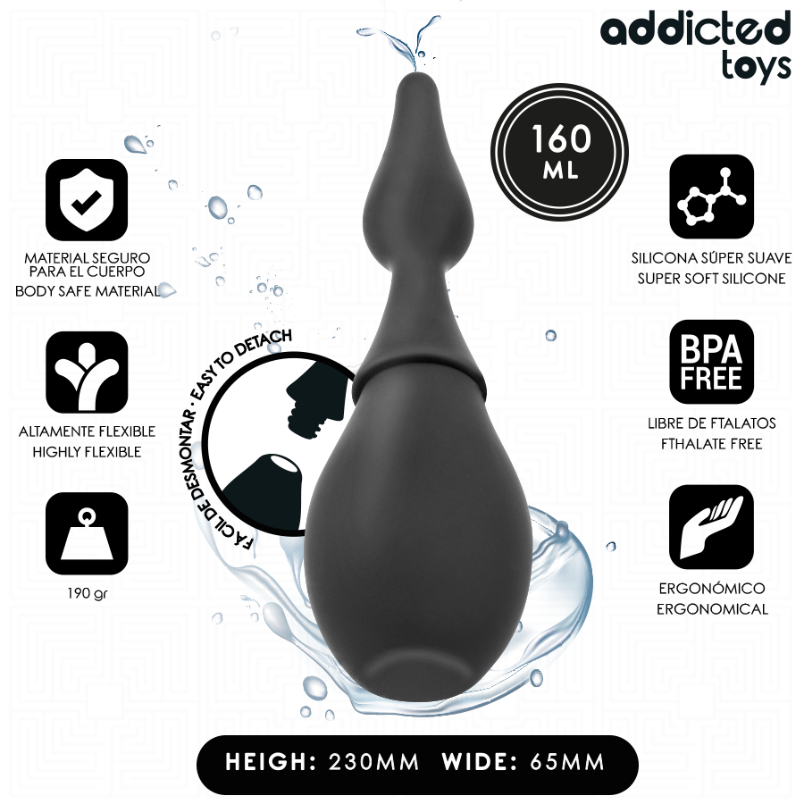 Poire de douche intime de voyage Addicted en silicone super souple, hauteur 230 mm et largeur 65 mm, capacite 160 ml, canule effilee et corps galbe noir.