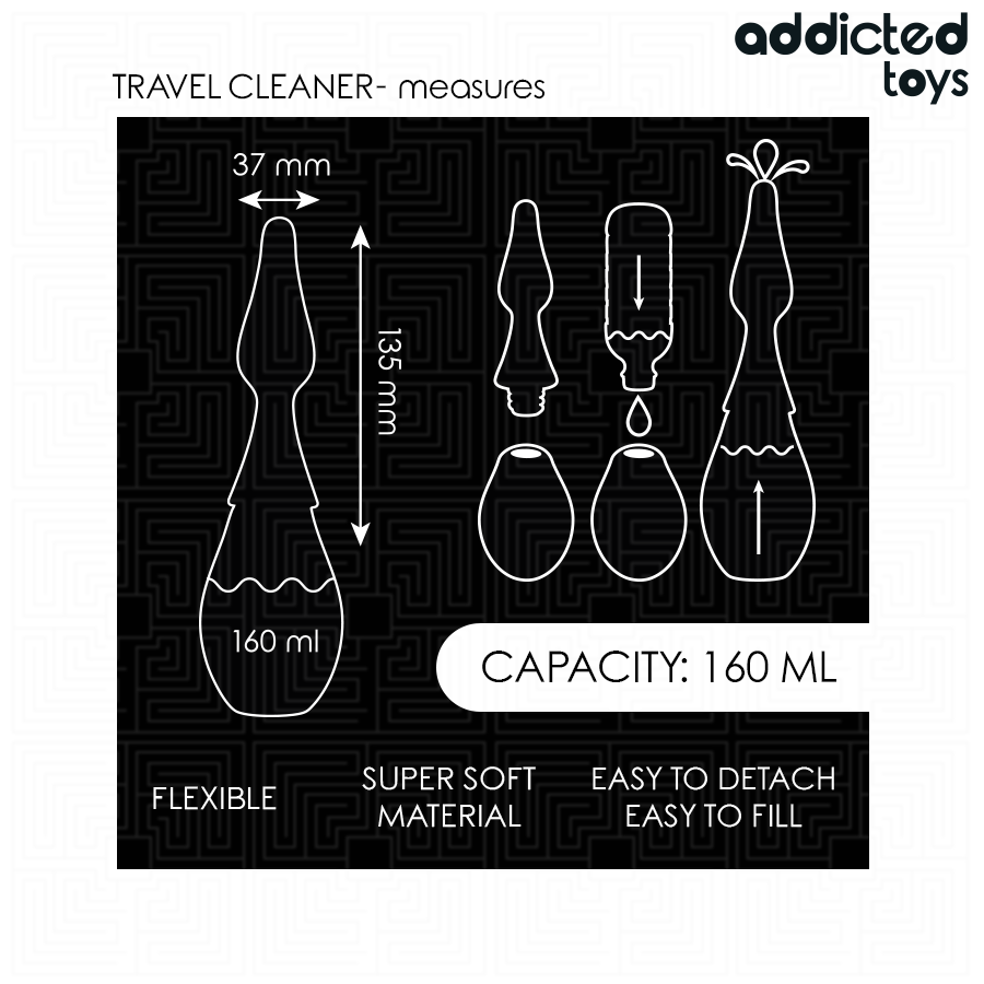 Schema technique du nettoyeur de voyage Addicted, canule 37 mm et hauteur 135 mm, capacite 160 ml, mentions flexible super soft material easy to detach.