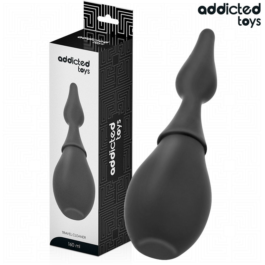 Boite Addicted de la poire de douche intime nomade, packaging noir et blanc avec visuel du nettoyeur anal souple en silicone, capacite 160 ml indiquee.