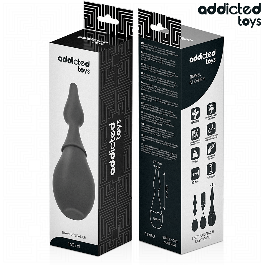Boite Addicted de la poire de douche intime de voyage, packaging noir face et dos, visuel du nettoyeur anal souple en silicone et schema des mesures.
