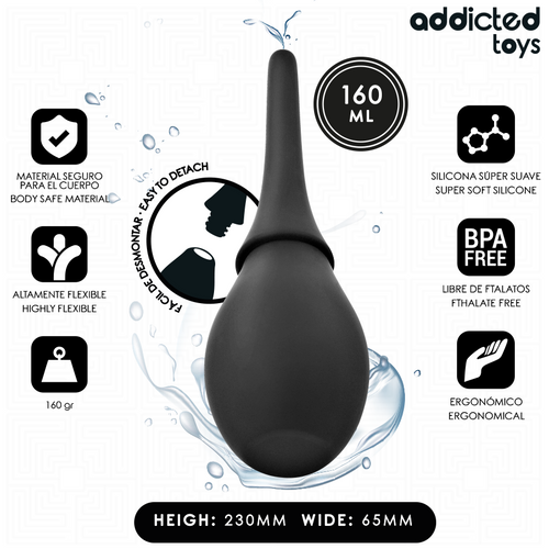 Poire de douche intime de voyage Addicted en silicone super souple, hauteur 230 mm et largeur 65 mm, 160 g, capacite 160 ml, canule effilee noire.