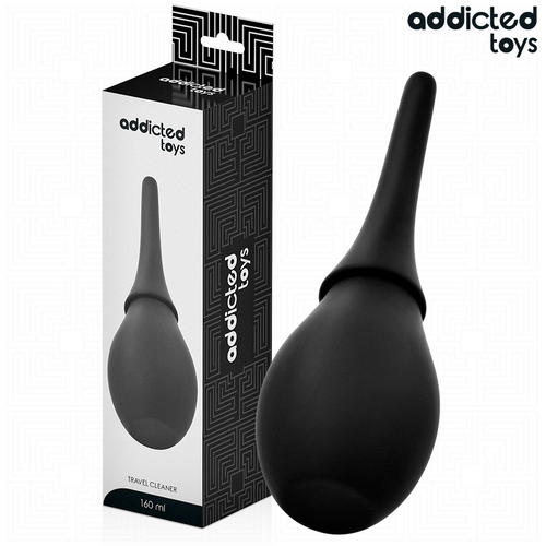 Boite Addicted de la poire de lavement intime nomade, packaging noir avec visuel du corps souple en silicone et de la canule fine, capacite 160 ml.