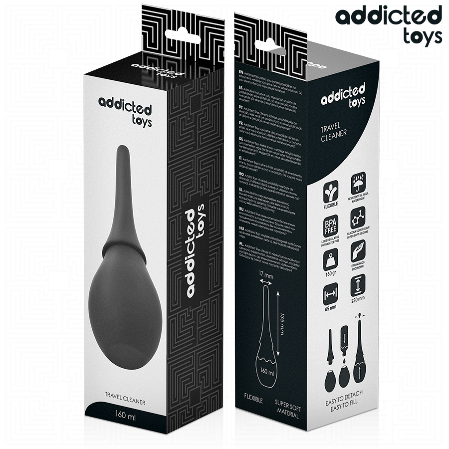 Boite Addicted de la poire de douche intime de voyage, packaging noir et blanc face et profil, visuel du nettoyeur anal souple et schema des mesures.