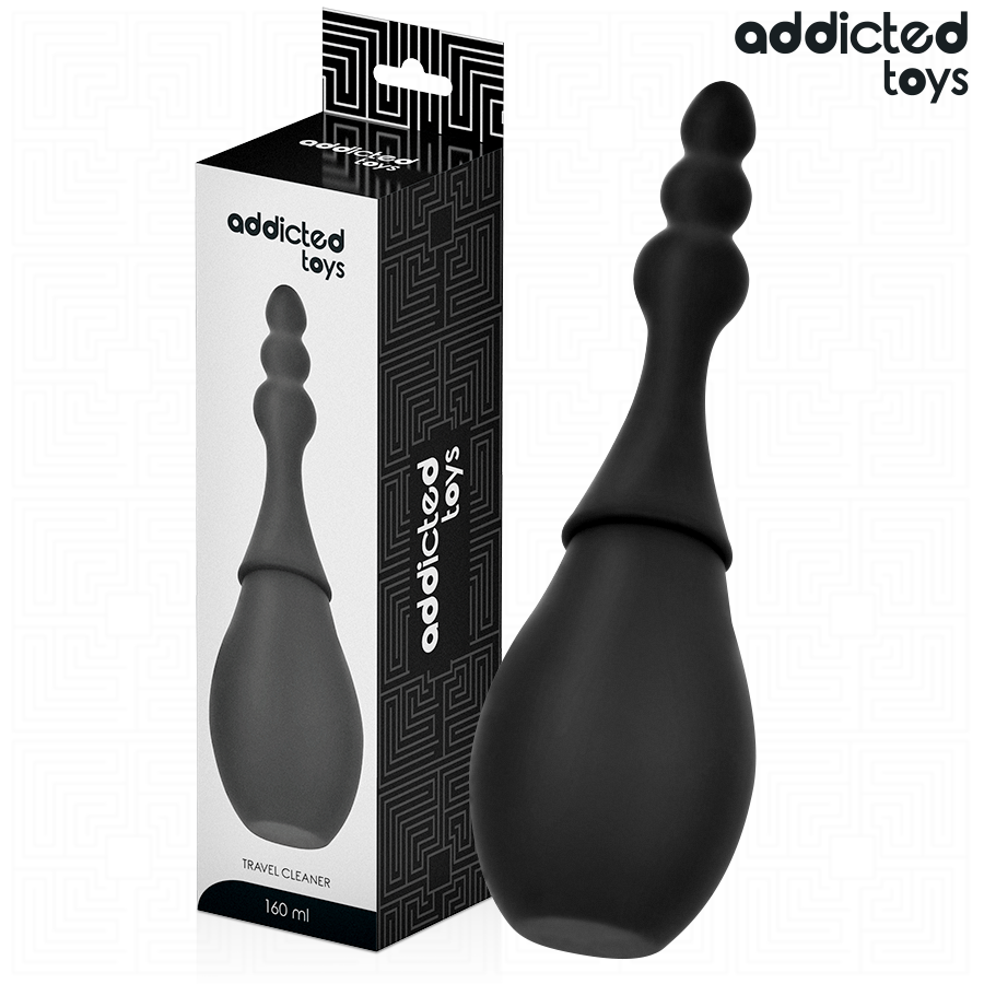 Boite Addicted de la poire de lavement intime nomade, packaging noir et blanc avec visuel du corps souple en silicone et canule fine, capacite 160 ml.