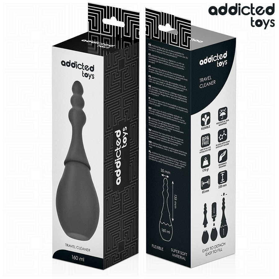Boite Addicted de la poire de douche intime de voyage, packaging noir et blanc face et profil, visuel du nettoyeur anal souple en silicone et mesures.