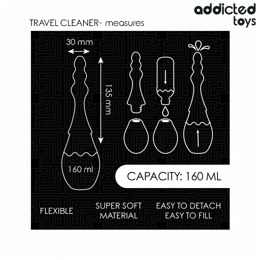 Schema technique de la poire de voyage Addicted, canule 30 mm et hauteur 135 mm, capacite 160 ml, mentions flexible super soft material et easy to detach.