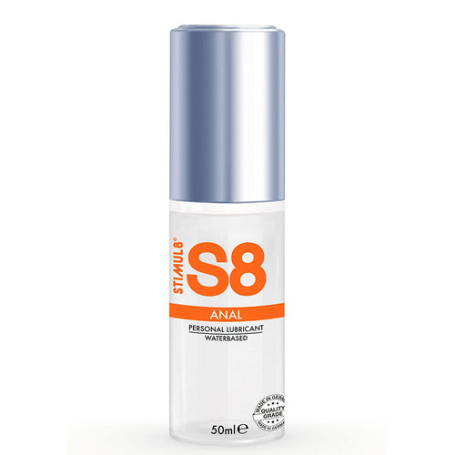 Flacon transparent S8 lubrifiant anal 50 ml debout de face, etiquette orange personal lubricant waterbased, gel base eau toucher ultra-doux compatible sextoys