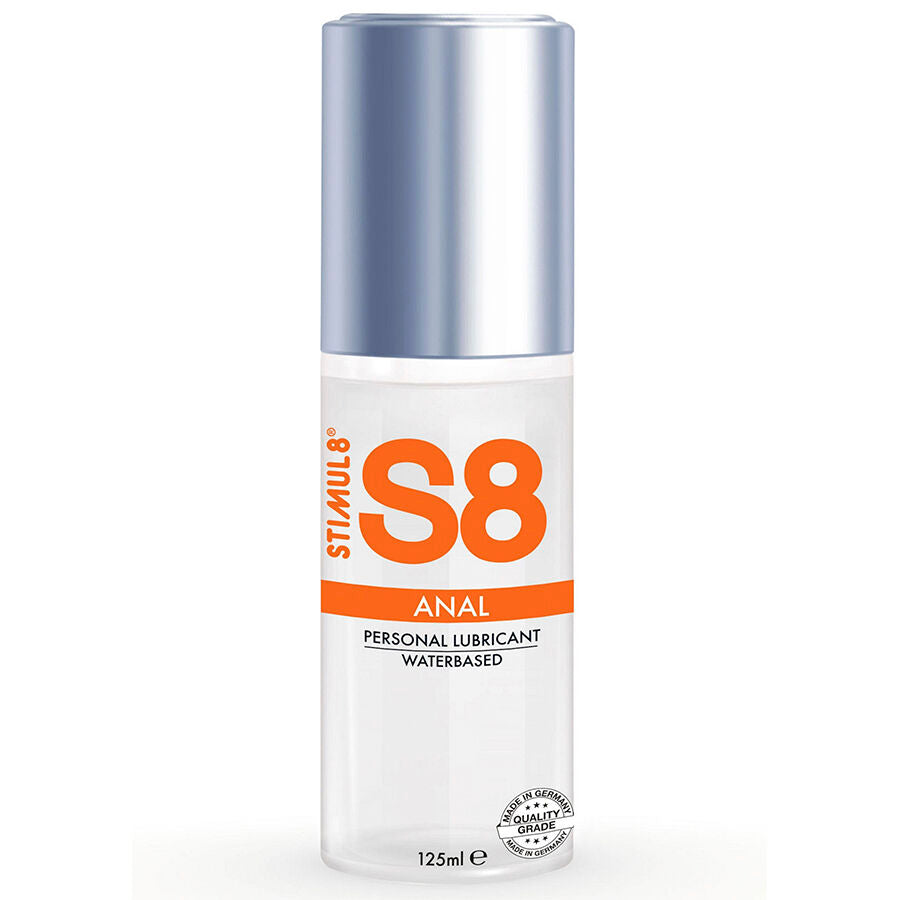 Flacon S8 lubrifiant anal 125 ml vu de face, marque Stimul8 et bandeau orange personal lubricant, gel base eau ultra-doux a glisse longue duree se rince a l'eau