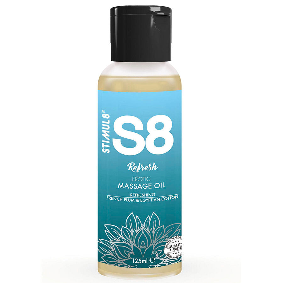 Flacon S8 Refresh huile de massage 125 ml de face, degrade bleu parfum prune et coton egyptien, base de jojoba amande douce et sesame pour massages glissants.