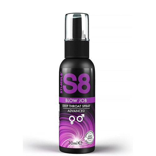 Flacon spray noir S8 Blow Job 30 ml de trois quarts, spray gorge profonde parfum menthe base eau pour attenuer le reflexe lors du sexe oral.