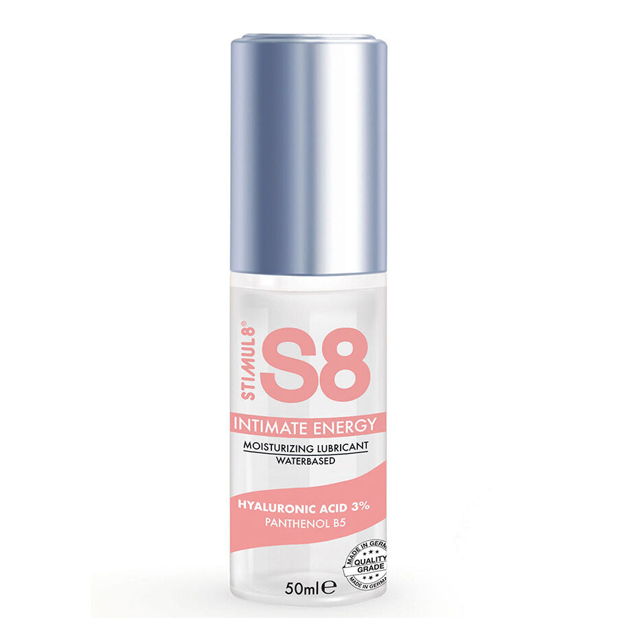 Flacon pompe S8 Intimate Energy 50 ml de face, lubrifiant hydratant base eau a l'acide hyaluronique et au panthenol B5, etiquette rose, glisse douce.