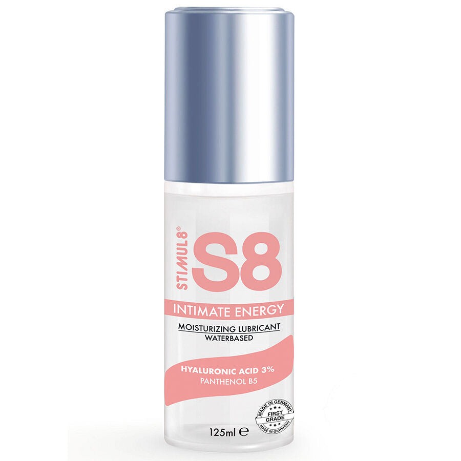 Flacon pompe S8 Intimate Energy 125 ml de face, lubrifiant hydratant base eau a l'acide hyaluronique 3% et vitamine B5, confort sur zones sensibles.