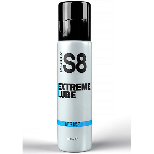 Flacon S8 Extreme Lube 100 ml de face, lubrifiant base eau a la formule premium pour la detente et une glisse longue duree, capuchon noir et liseret bleu.