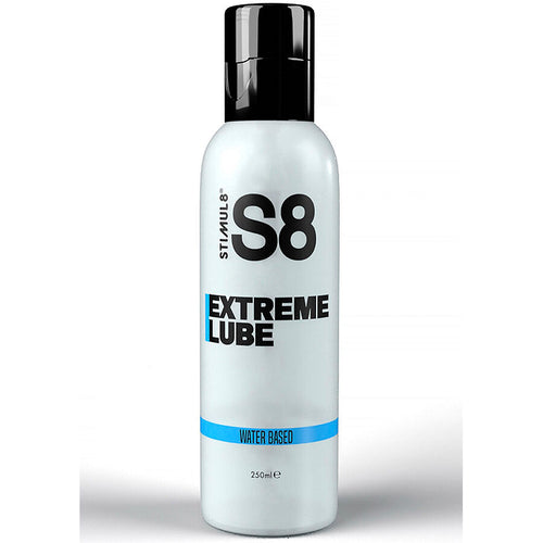 Grand flacon S8 Extreme Lube 250 ml de face, lubrifiant base eau premium glisse longue duree, design clair capuchon noir, compatible preservatifs.