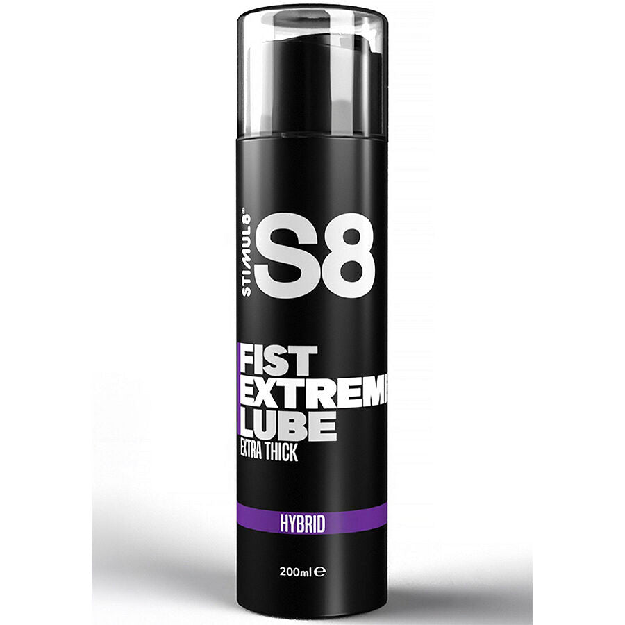 Flacon pompe noir S8 Fist Extreme Lube 200 ml de trois quarts, lubrifiant hybride extra epais a la texture dense, conçu pour les pratiques intenses.