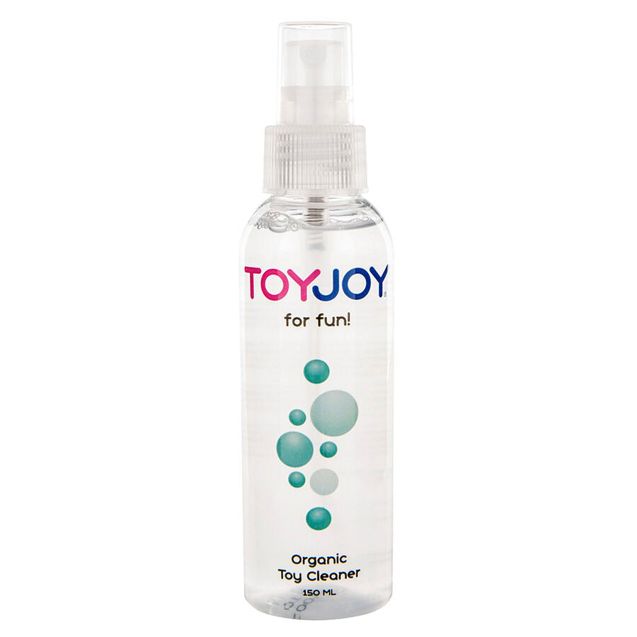 Spray nettoyant Toy Joy Organic Toy Cleaner de 150 ml en flacon transparent a pompe. Formule sans alcool ni parfum compatible silicone, verre et metal pour sextoys.
