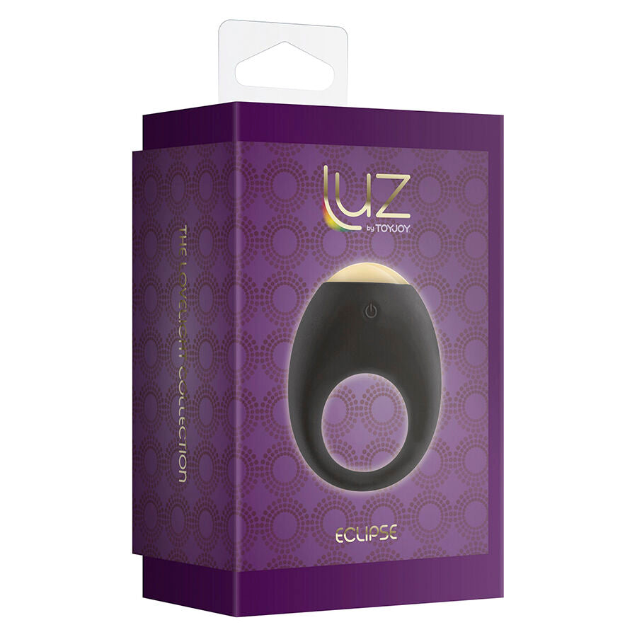Boite violette Luz by Toy Joy Eclipse presentant l'anneau penien vibrant noir a embout lumineux. Emballage premium du cockring a 7 modes etanche et rechargeable.