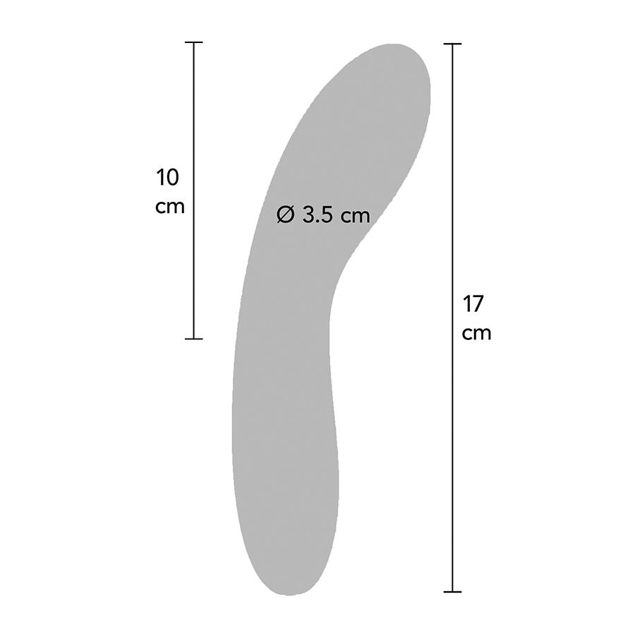 Schema technique du vibromasseur point G Luz avec longueur totale 17 cm, zone active 10 cm et diametre 3,5 cm, courbe ergonomique ciblant precisement le point G.