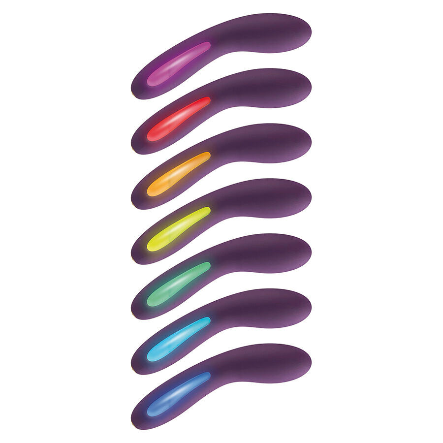Sept vues du vibromasseur point G Luz violet montrant le degrade de sa LED multicolore, du rouge au bleu, corps en silicone incurve pour la stimulation du point G.