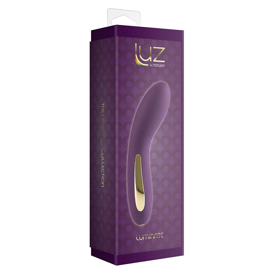 Boite violette Luz by Toy Joy du vibromasseur Luminate version violette, packaging premium illustrant le stimulateur point G dore, ligne lumiere d'ambiance USB.