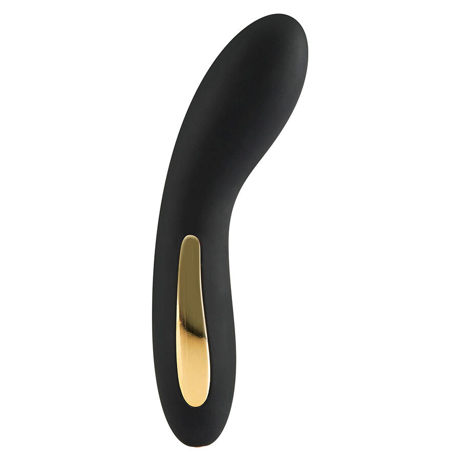Vibromasseur point G Luz en silicone noir a tige incurvee et bande doree lumineuse, moteur silencieux et LED d'ambiance, forme ergonomique pour cibler le point G.