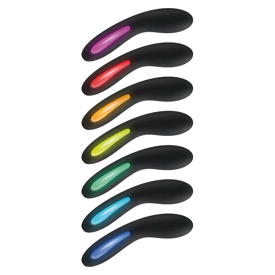 Sept vues du vibromasseur point G Luz illustrant sa lumiere LED d'ambiance multicolore, du violet au bleu, corps en silicone noir incurve pour stimuler le point G.