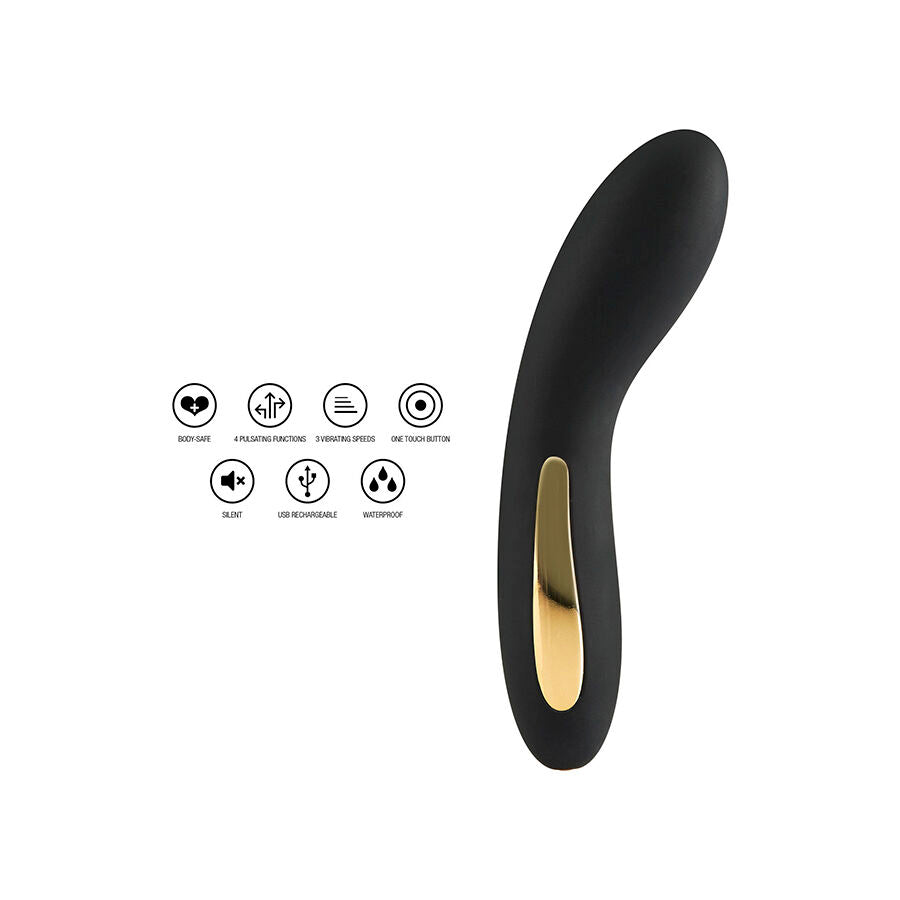 Vibromasseur point G Luz noir accompagne de ses pictogrammes fonctions : etanche, rechargeable USB, multivitesse, silhouette courbe en silicone doux pour le point G.