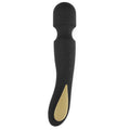 Baguette de massage Zenith en silicone noir, profil incurve avec poignee doree : wand clitoridien a 7 modes de vibration et pulsation, rechargeable USB et etanche.