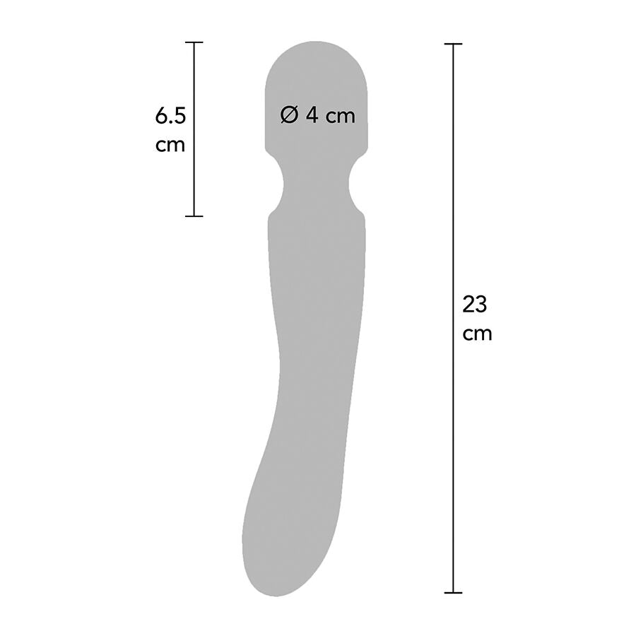 Schema cote de la baguette Zenith indiquant 23 cm de hauteur et 4 cm de diametre de tete : contour gris du wand de massage, forme lisse non anatomique.