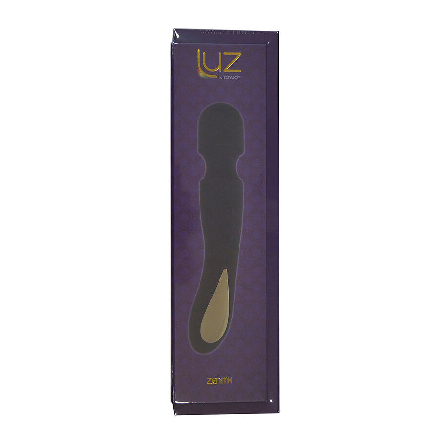 Boite Luz Zenith de la baguette de massage clitoridienne en silicone, vue trois-quarts : packaging violet dore mettant en avant le wand a tete arrondie sans anatomie.