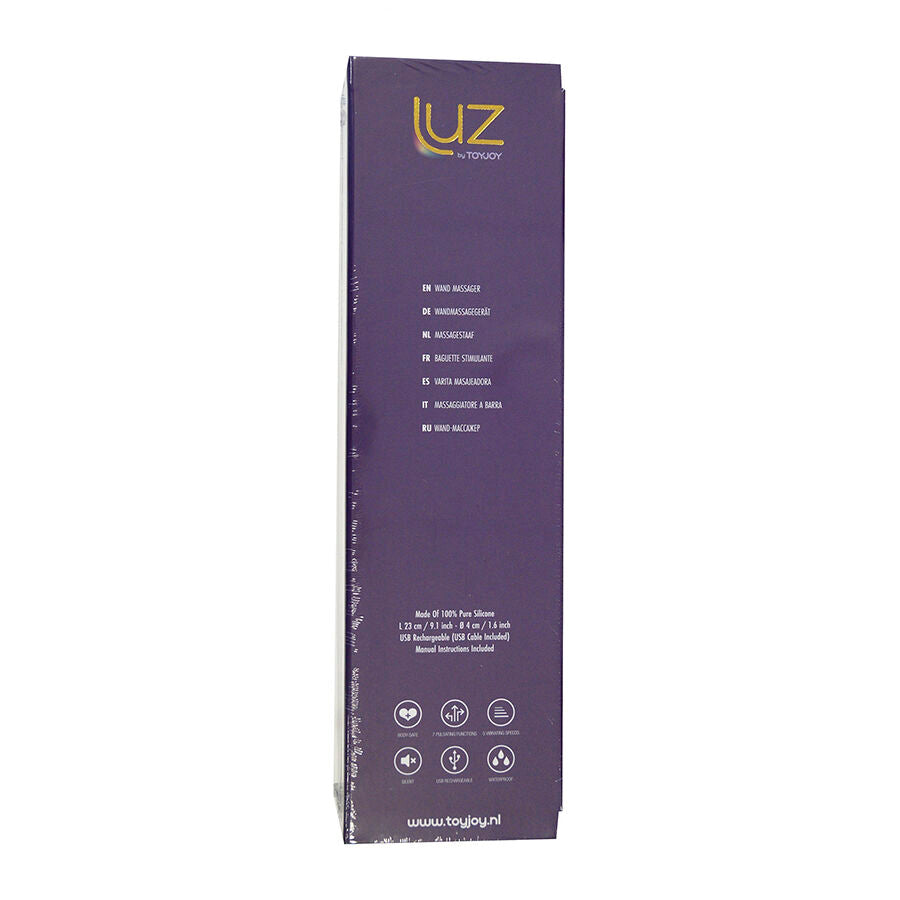 Verso de la boite Luz Zenith : liste des fonctions et pictogrammes de la baguette de massage silicone, rechargeable et etanche, packaging sans element anatomique.