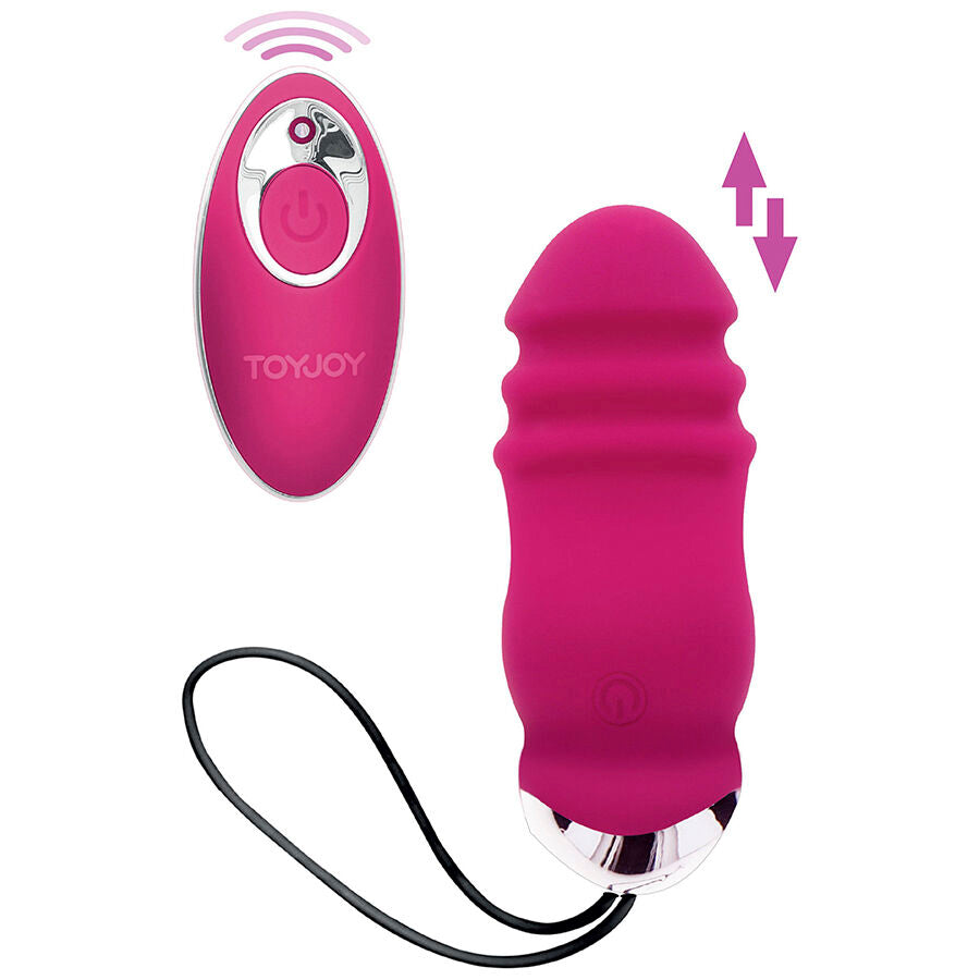 Oeuf vibrant rose fonce torsade en silicone et sa telecommande, fleches de va-et-vient stylisees. Stimulateur fantaisie a 8 modes rechargeable et cordon de rappel.