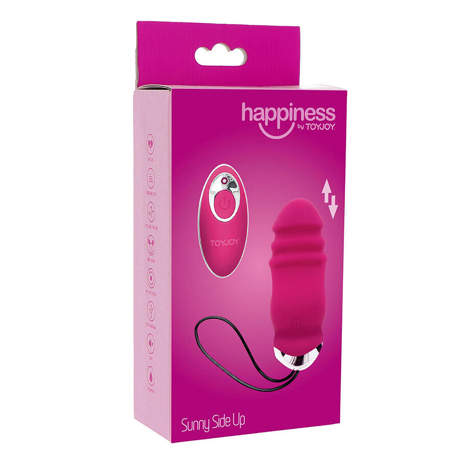 Boite rose fonce Happiness by Toy Joy Sunny Side Up presentant l'oeuf vibrant torsade et sa telecommande. Emballage colore du stimulateur a 8 modes mains libres.