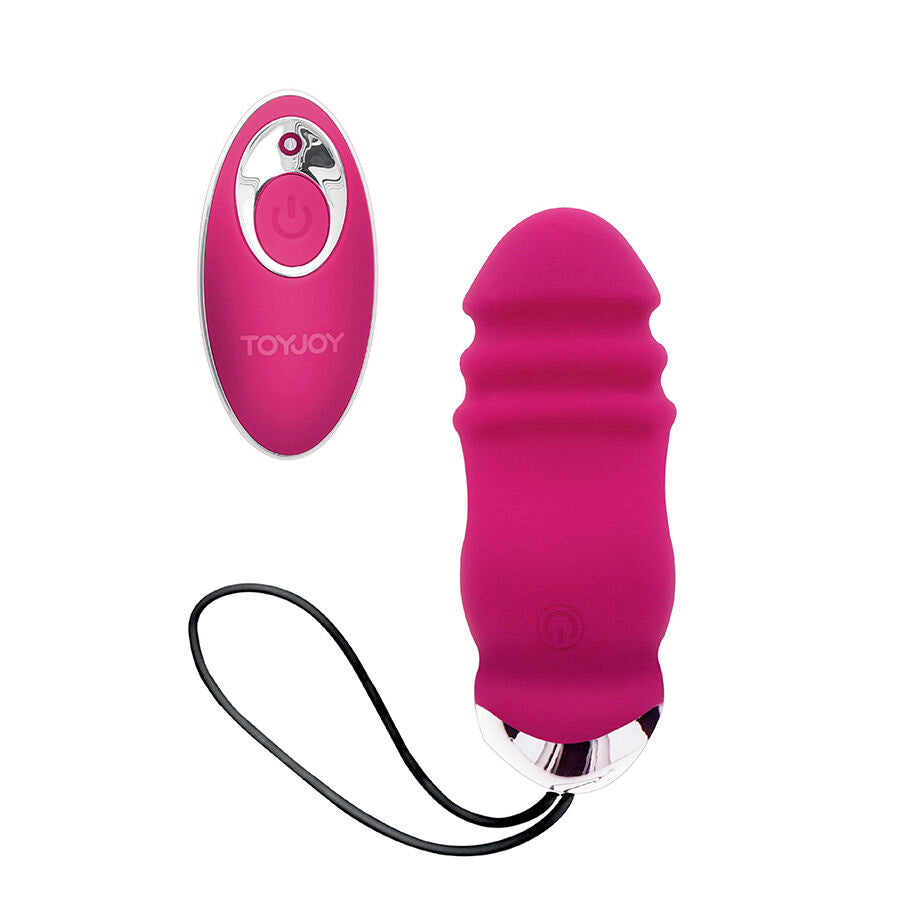Oeuf vibrant rose fonce en silicone a relief torsade et sa telecommande rose, cordon de rappel. Stimulateur fantaisie a 8 modes pour plaisir solo ou a deux.