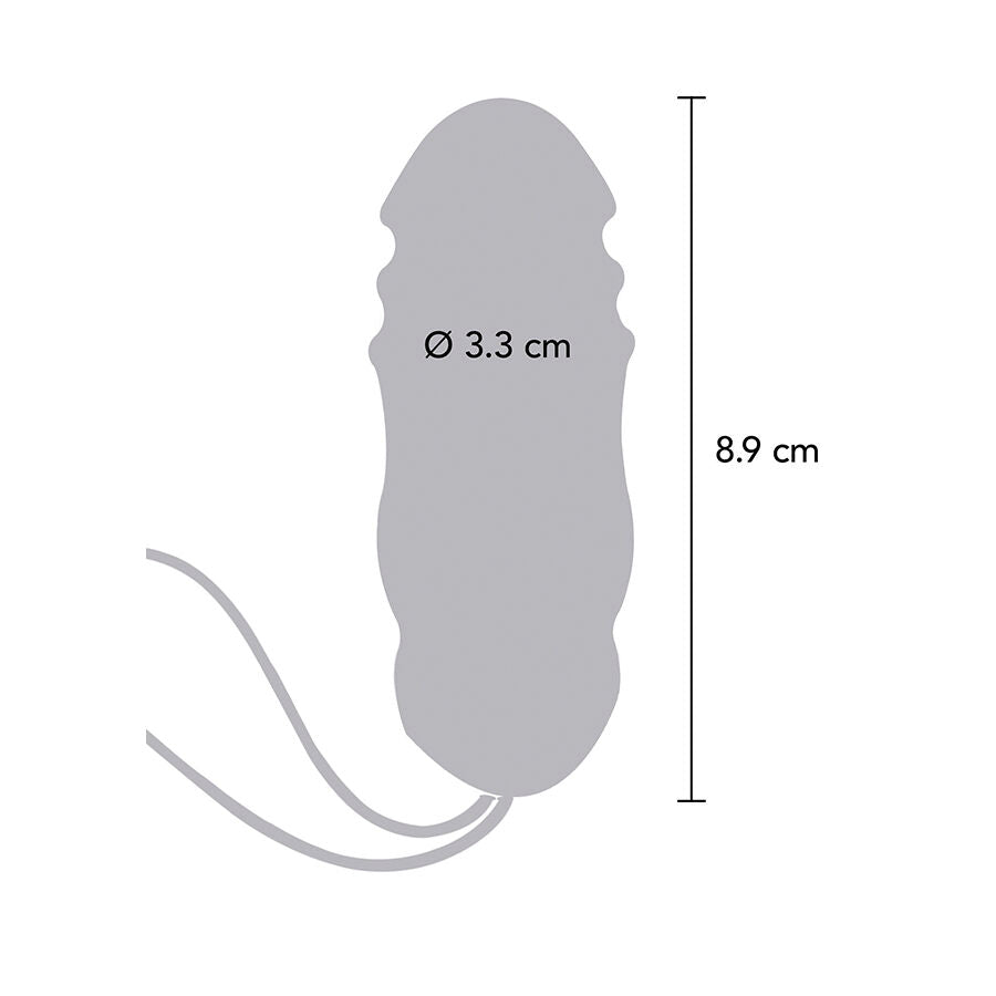Schema technique gris de l'oeuf vibrant rose fonce avec cotes : longueur 8,9 cm, diametre 3,3 cm. Silhouette ombree du stimulateur torsade et de son cordon.