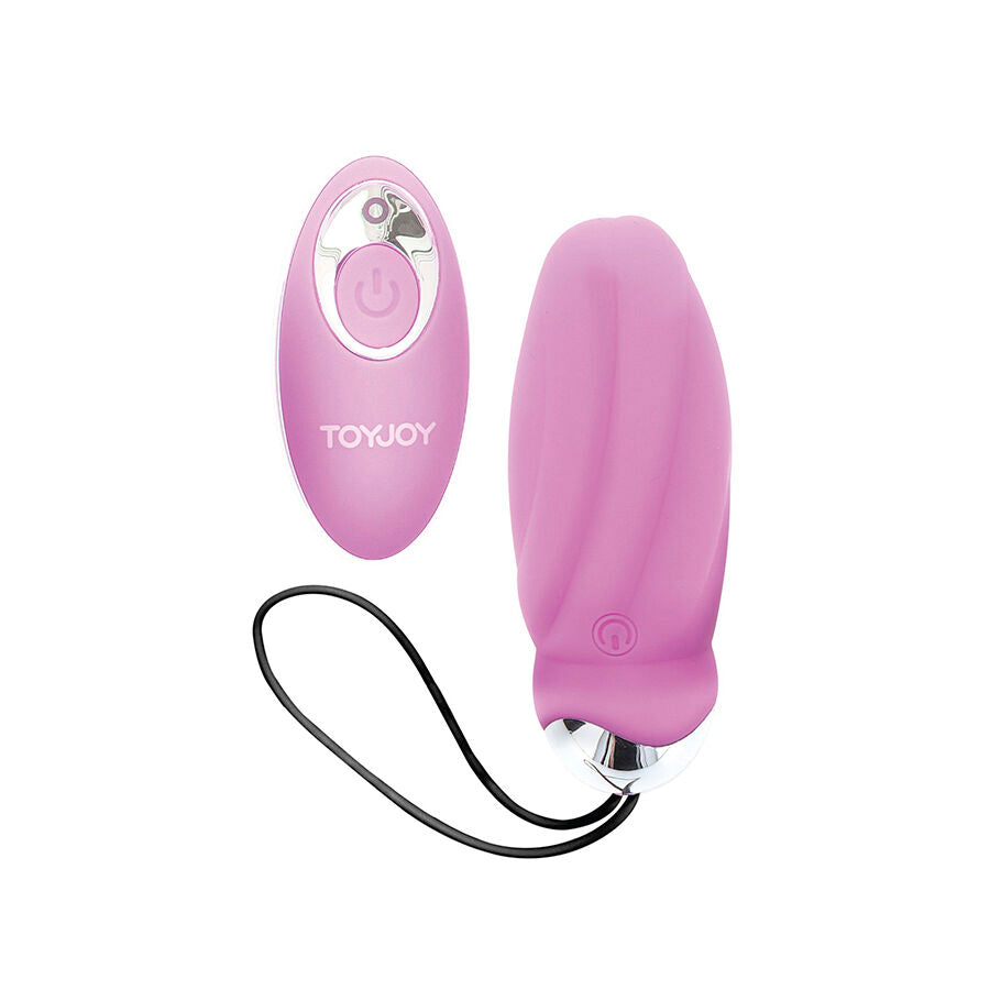 Oeuf vibrant rose en silicone a cote de sa telecommande rose, cordon de rappel. Surface lisse du stimulateur a 8 modes pour usage solo ou partage.