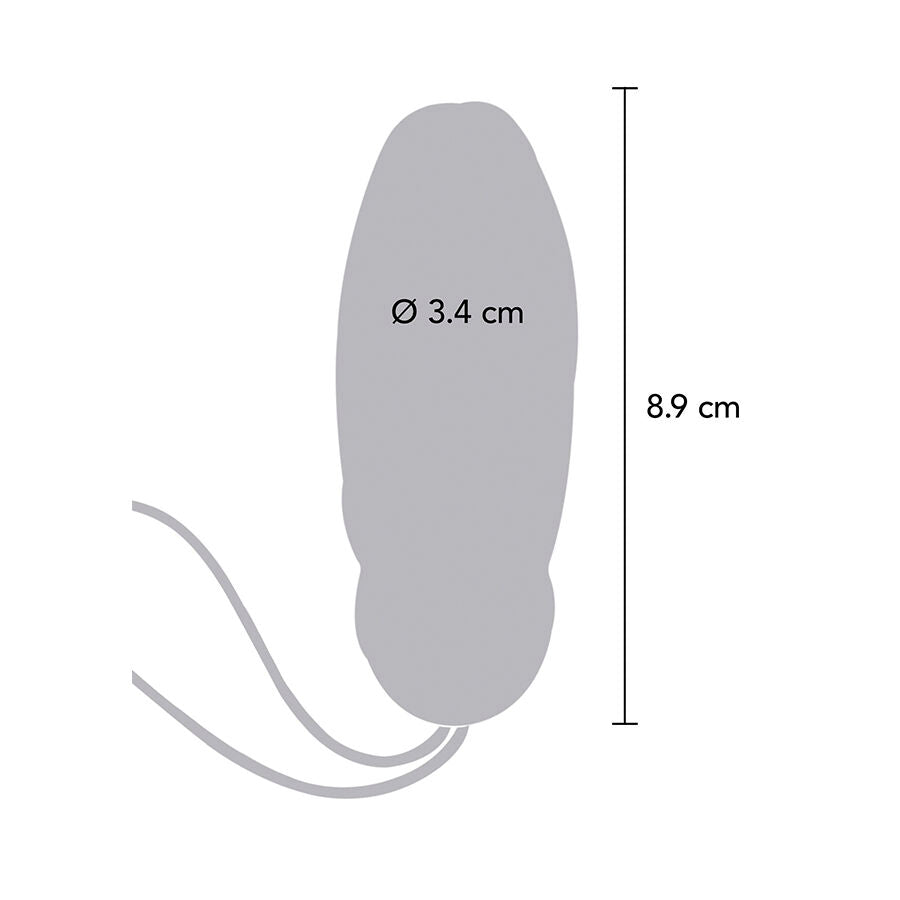 Schema technique gris de l'oeuf vibrant rose avec cotes : longueur 8,9 cm, diametre 3,4 cm. Silhouette ombree du stimulateur et de son cordon de rappel.