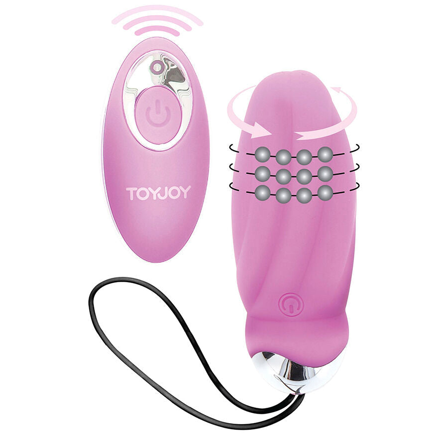 Oeuf vibrant rose en silicone a billes rotatives et sa telecommande rose, fleches de rotation. Stimulateur a 8 modes rechargeable avec cordon de rappel.