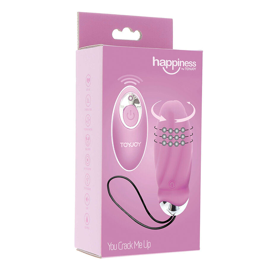Boite rose Happiness by Toy Joy You Crack Me Up presentant l'oeuf vibrant a billes rotatives et sa telecommande. Emballage colore du stimulateur a 8 modes.