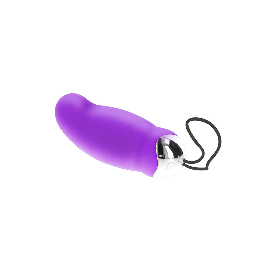 Oeuf vibrant violet en silicone vu de trois quarts, surface striee et embout argente avec cordon de rappel. Stimulateur interne a 8 modes pour usage mains libres.