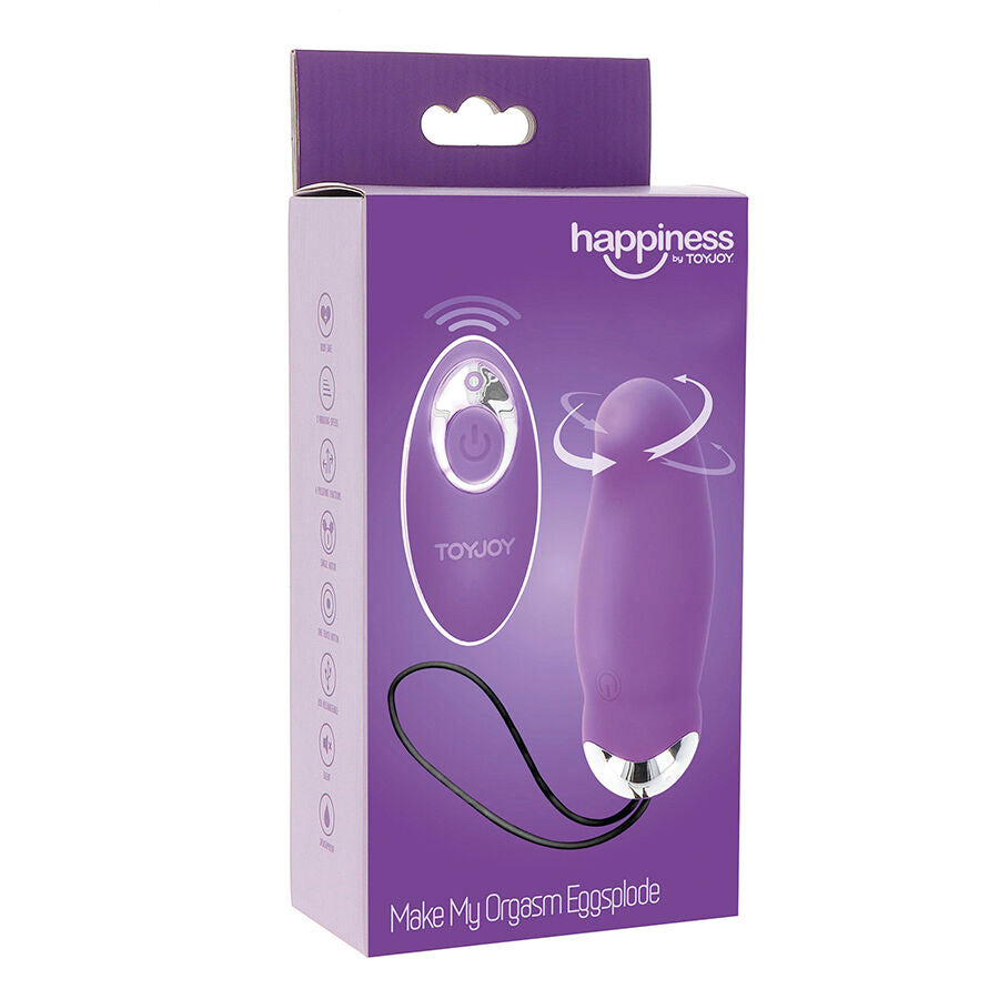 Boite violette Happiness by Toy Joy Make My Orgasm Eggsplode presentant l'oeuf vibrant et sa telecommande. Emballage colore du stimulateur a 8 modes mains libres.