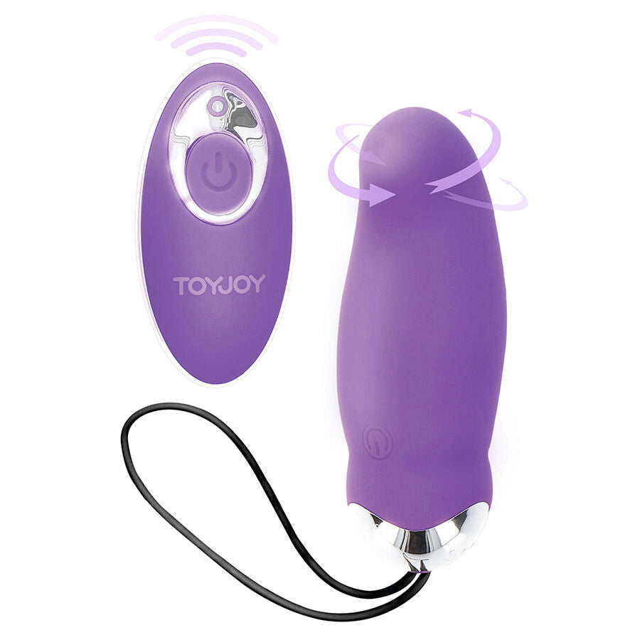 Oeuf vibrant violet en silicone et sa telecommande violette, fleches de rotation stylisees. Stimulateur a 8 modes rechargeable avec cordon de rappel et etanche.