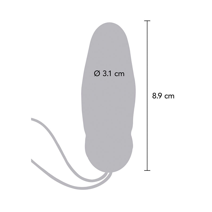 Schema technique gris de l'oeuf vibrant violet avec cotes : longueur 8,9 cm, diametre 3,1 cm. Silhouette ombree du stimulateur et de son cordon de rappel.