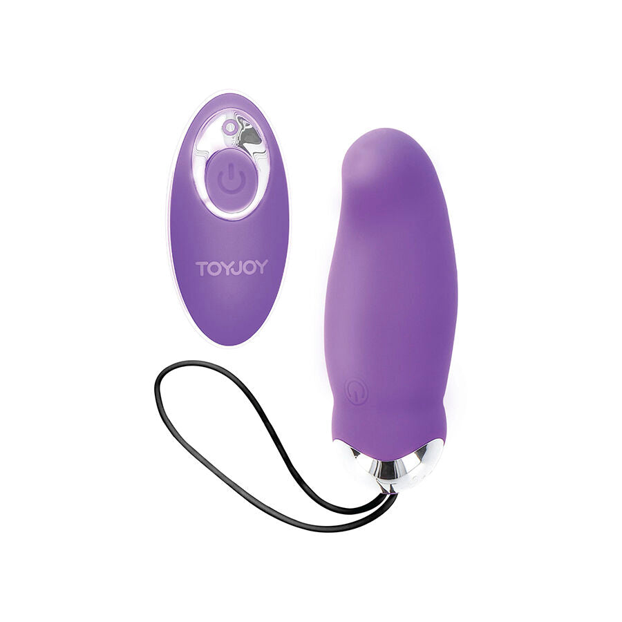 Oeuf vibrant violet en silicone a cote de sa telecommande violette, cordon de rappel. Surface lisse du stimulateur a 8 modes pour plaisir solo ou a deux.