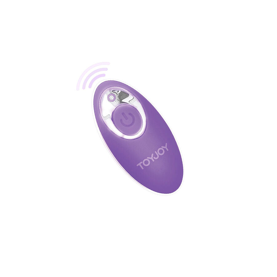 Telecommande sans fil violette de l'oeuf vibrant Toy Joy, ondes de transmission stylisees. Boitier ergonomique pilotant a distance les 8 modes de stimulation.