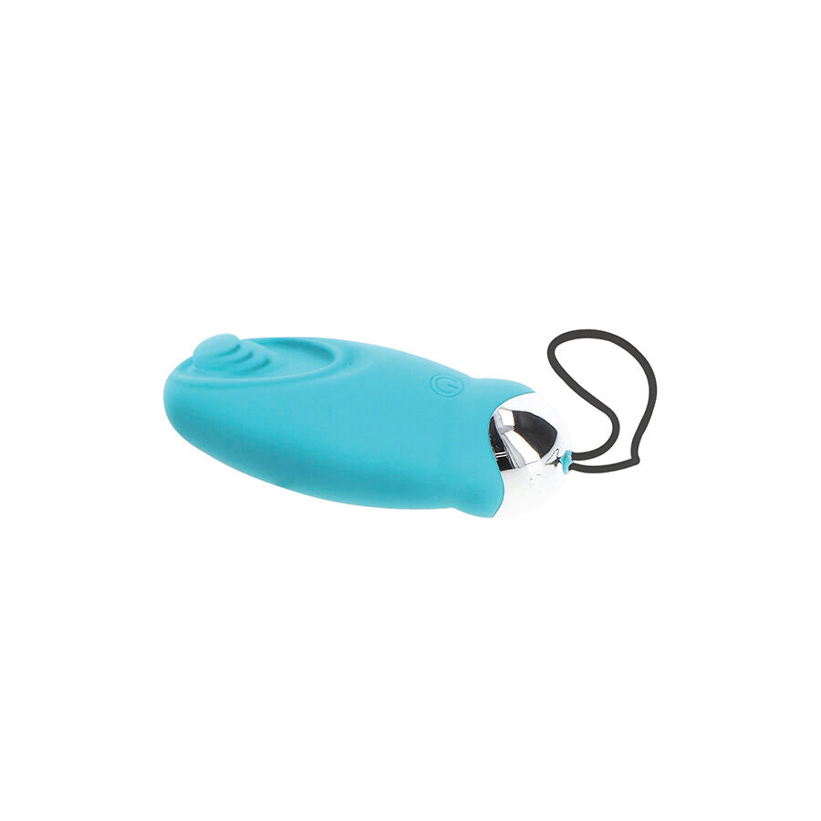 Oeuf vibrant bleu turquoise en silicone vu de profil, surface striee et embout argente avec cordon de rappel. Stimulateur interne a 8 modes mains libres.