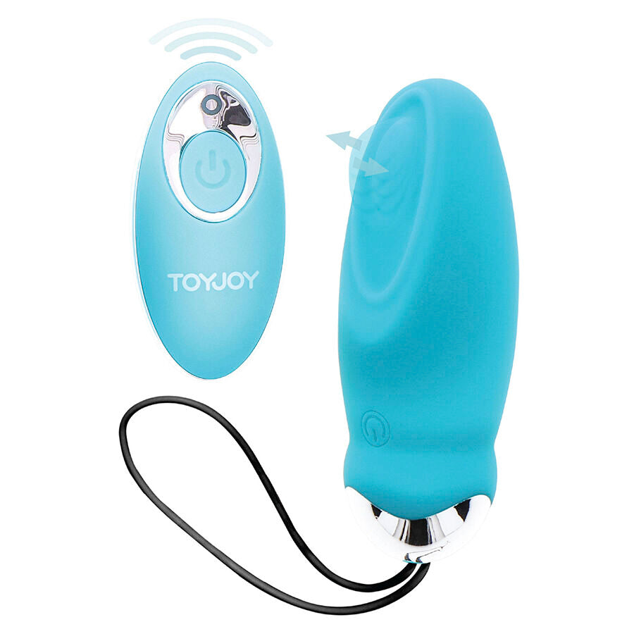 Oeuf vibrant bleu turquoise en silicone et sa telecommande bleue, ondes stylisees et cordon de rappel. Stimulateur a 8 modes pour usage solo ou a deux.