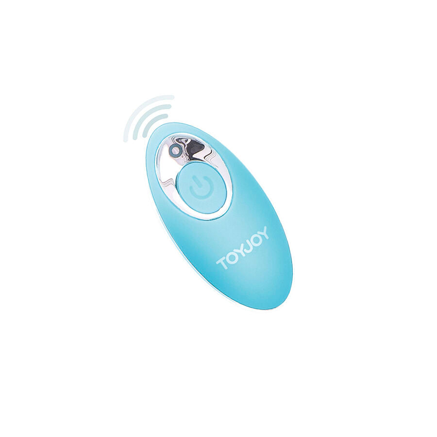 Telecommande sans fil bleu turquoise de l'oeuf vibrant Toy Joy, bouton central et ondes stylisees. Boitier pilotant a distance les 8 modes de vibration.