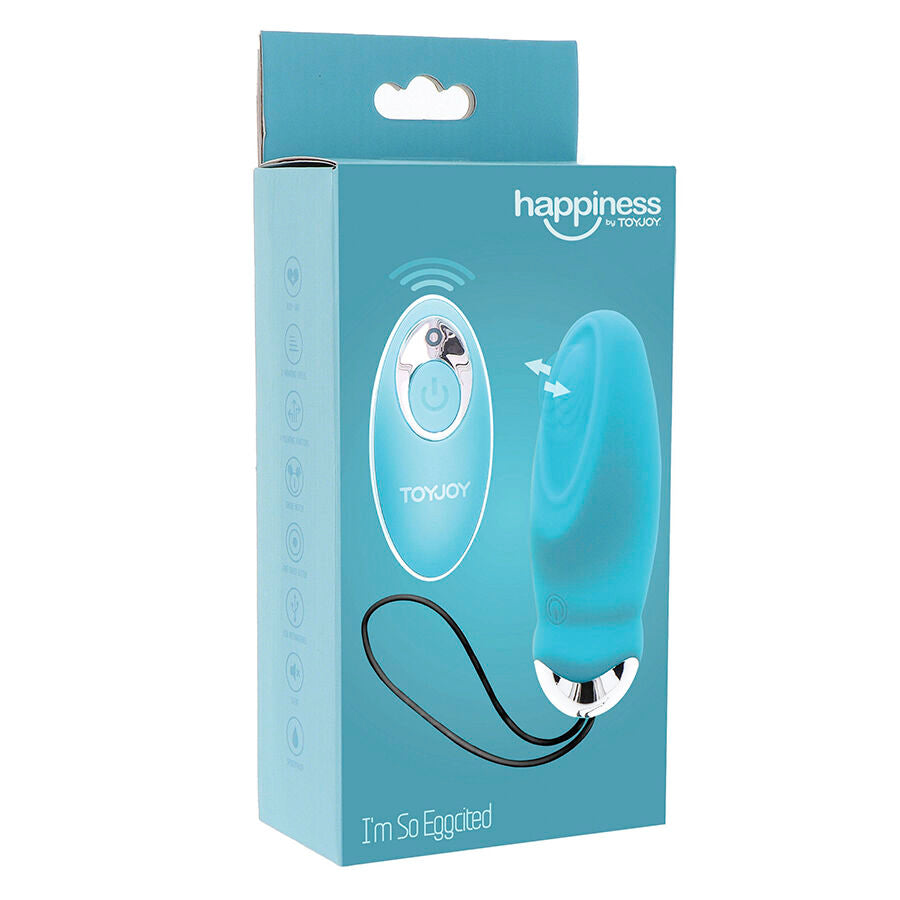 Boite turquoise Happiness by Toy Joy I'm So Eggcited presentant l'oeuf vibrant bleu et sa telecommande. Emballage colore du stimulateur a 8 modes mains libres.